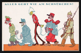 1914-18 'Everything runs smoothly' WWI European Caricature Propaganda Postcard, Europe