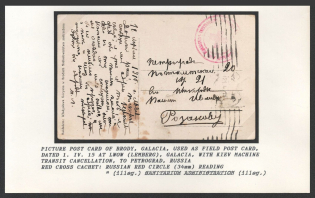 Picture post card of Brody, Galacia, used as field post card, postmarked 1.IV.15 at Lwow (Lemberg), Galacia, with Kiev machine transit cancellation, to Petrograd, Russia. BRODY Red cross cachet: Russian red circle (34 mm) reading