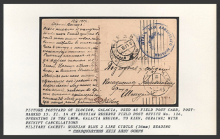Picture Postcard of Zloczow, Galicia, used as FPC, postmarked 13.XI.14 at Russian Reserve F.P.O. No.126, Operating in the Lwow, Galicia Region, to Kiev, Ukraine. with Receipt Cancellations. ZLOCZOW Military cachet: Russian blue 2 line circle(36mm) reading