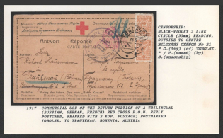 1917 Commercial Use of the Return Portion of a Trilingual (Russian, German, French) Red Cross P.O.W. Reply Postcard, franked with 2 Kop. Postage. postmarked Tobolsk, to Trautenau, Bohemia, Austria. TOBOLSK