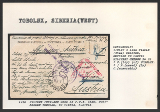 1916 Picture Postcard used as P.O.W. Card, postmarked Tobolsk , to Vienna, Austria. TOBOLSK Censorship: violet 3 line circle (35 mm) reading