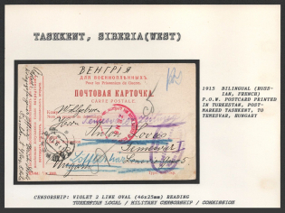1915 Bilingual (Russian, French) P.O.W. Postcard printed in Turkestan, Post-marked Tashkent, to Temesvar, Hungary. TASHKENT Censorship: violet 2 line oval (46 x 25 mm) reading