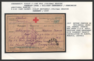 1917 Return Portion of Trilingual (Russian, German, French) Red Cross P.O.W. Reply Postcard from Khodzhent with Tashkent Transit Cancellation to Olmutz, Moravia, Austria. KHODZHENT Censorship: violet 2 line oval (49 x 28 mm) reading