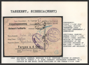 1916 Bilingual (German, Russian) P.O.W. Postcard Printed in Germany, for Use at Torgau a.d. Elbe, Germany. postmarked Tashkent, to a Captain of the Royal Irish Fusiliers at the Torgau P.O.W. Camp. TASHKENT Censorship: violet 2 line oval (49x28mm) reading