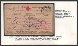 1916 Return Portion of Trilingual (Russian, German, French) Red Cross P.O.W. Reply Postcard from Khodzhent, with Tashkent Transit Cancellation, To Vienna, Austria. KHODZHENT Censorship: Violet 2 line oval (49x28 mm) reading