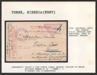 1916 Bilingual (Russian, French), P.O.W. Postcard from Mariyinsk, Tomsk to Budapest, Hungary. TOMSK Censorship: violet 2 line circle (29 mm) reading, outside to centre