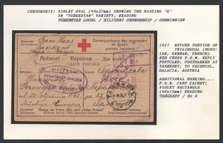 "1917 Return Portion of Trilingual (Russian, German, French) Red Cross P.O.W. Reply Postcard, postmarked at Tashkent, to Przemysl, Galicia, Austria. TASHKENT Censorship: violet oval (49x27mm) reading, showing the missing ""k"" in ""Turkestan"" variety"
