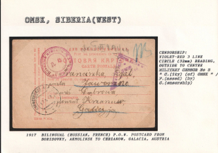 1917 Bilingual (Russian, French) P.O.W. Postcard from Borisovky, Akmolinsk to Chrzanow, Galacia, Austria. OMSK Censorship: violet-red 3 line circle (32 mm) reading, outside to centre