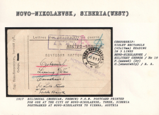 1917 Bilingual (Russian, French) P.O.W. Postcard printed for Use at the City of Novo-Nikolaevsk, Tomsk, Siberia, postmarked at Novo-Nikolaevsk to Vienna, Austria. NOVO-NIKOLAEVSK Censorship: viol.et rectangle (45x19mm), reading in 3 lines