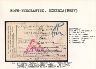 1916 Bilingual (Russian, French) P.O.W. Postcard postmarked at Novo-Nikolaevsk (Siberia), to Vienna, Austria. Redirected to new Address in City. NOVO-NIKOLAEVSK Censorship: violet 2 line circle (31mm), reading, outside to centre
