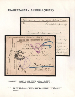 1917 Unfranked P.O.W. Cover printed for Krasnoyarsk, Siberia (with Enclosure). postmarked Krasnoyarsk, to Budapest, Hungary. KRASNOYARSK Censorship: violet 2 line circle (33 mm), reading