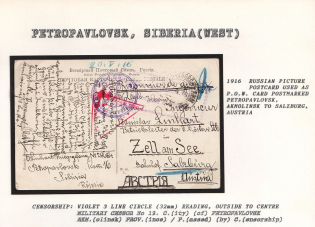 1916 Russian Picture Postcard used as P.O.W. Card postmarked Petropavlovsk, Akmolinsk to Salzburg, Austria. PETROPAVLOVSK Censorship: violet 3 line circle (32 mm) reading, outside to centre