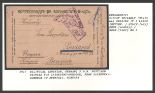 1917 Bilingual (Russian, German) P.O.W. Postcard printed for Zairkutny-Gorodok. from Zairkutny-Gorodok to Budapest, Hungary. Censorship: violet triangle (35 x 15 mm) reading in 3 lines