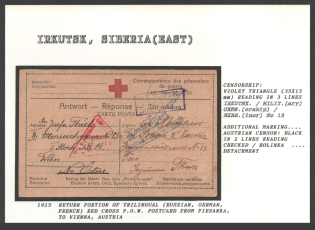 1915 Return Portion of Trilingual (Russian, German, French) Red Cross P.O.W. Postcard from Piesanka, to Vienna, Austria. IRKUTSK Censorship: violet triangle (35 x 15 mm) reading in 3 lines