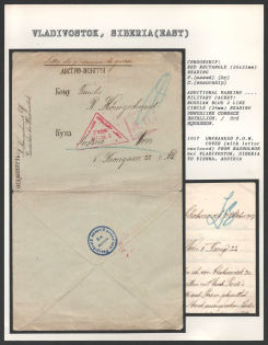 1917 Unfranked P.O.W. Cover (with Letter enclosed) from Rasdolnoe bei Vladivostok, Siberia to Vienna, Austria. VLADIVOSTOK Censorship: red rectangle (26 x 21 mm) reading