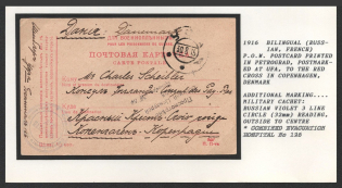 1916 Bilingual (Russian, French) P.O.W. Postcard printed in Petrograd, postmarked at Ufa, to the Red Cross in Copenhagen, Denmark