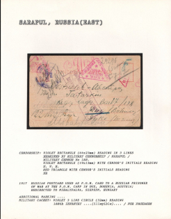 1917 Russian Postcard used as P.O.W. Card to a Russian Prisoner of War at the P.O.W. Camp in Dux, Bohemia, Austria. redirected to Mihalyfalva, Szepesm, Hungary. SARAPUL Censorship: violet rectangle (64 x 23 mm) reading in 3 lines