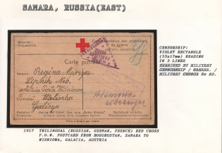 1917 Trilingual (Russian, German, French) Red Cross P.O.W. Postcard from Bugurustan, Samara to Wisniowa, Galacia, Austria. SAMARA Censorship: violet rectangle (55 x 17mm) reading in 3 lines
