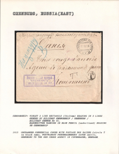 1915 Unfranked commercial Cover with Postage Due raised (Circie T in black Ink), postmarked Preobrazhensky Zavod (Mill), Orenburg to the Red Cross Agency in Copenhagen, Denmark. ORENBURG Censorship: violet 2 line rectangle (56 x 21 mm) reading in 3 lines
