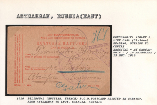 1916 Bilingual (Russian, French) P.O.W. Postcard printed in Saratov, from Astrakhan to Lwow, Galacia, Austria. ASTRAKHAN Censorship: violet 3 line oval (51 x 34 mm) reading, outside to centre