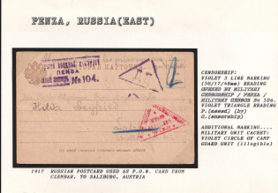 1917 Russian Postcard used as P.O.W. Card from Czembar, to Salzburg, Austria. PENZA Censorship: violet 3 line marking (50/17/48 mm), Violet triangle reading