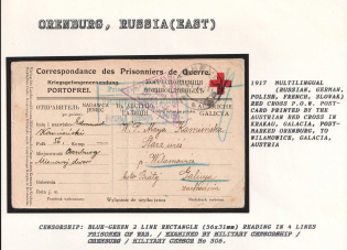 1917 Multilingual (Russian, German, Polish, French, Slovak) Red Cross P.O.W. Postcard printed by the Austrian Red Cross in Krakau, Galacia, postmarked Orenburg, to Wilamowice, Galacia, Austria. ORENBURG