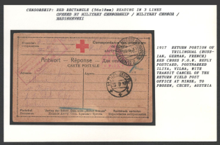 1917 Return Portion of Trilingual (Russian, German, French) Red Cross P.O.W. Reply Postcard, postmarked Iliya, Vilna, with Transit Cancel of Thereturn Field Post Office at Minsk, to Prosen, Cechy, Austria. Censorship: red rectangle (56 x 18 mm) reading in