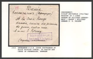 1915 Unfranked P.O.W. Cover postmarked by Kazan Machine Cancel to Danish Red Cross in Coprnhagen, Denmark. Censorship: violet rectangle (59 x 17 mm) reading in 3 lines