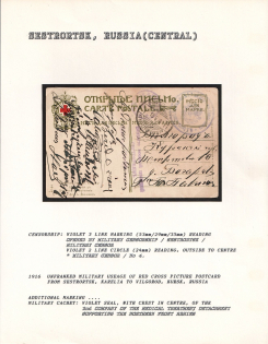 1916 Unfranked military Usage of Red Cross Picture Postcard from Sestrortsk, Karelia to Vilgorod, Kursk, Russia. SESTRORTSK Censorship: violet 3 line marking (53 mm/29 mm/35 mm) reading. violet 2 line circle (24 mm) reading, outside to centre