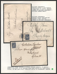 Commercial Covers bearing 10 Kopeck Postage (Russia, 10 Kopeck) dated I./II./III. 15 at Russian Field Post Office 114 (Lwow Occupation), to the (Red Cross) Compliant Office in Copenhagen, Denmark.