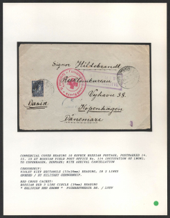 Commercial Cover bearing 10 Kopeck Russian Postage, postmarked 14.II.15 at Russian Field Post Office No.114 (Occupation of Lwow), to Copenhagen, Denmark. with Arrival Cancellation. Censorship: violet Kiev rectangle (53 x 20 mm) reading, in 2 lines