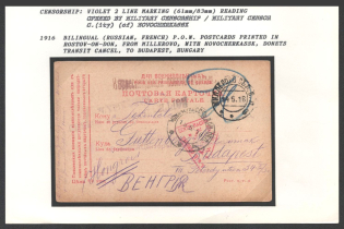 1916 Bilingual (Russian, French) P.O.W. Postcards printed in Rostov-On-Don, from Millerovo, with Novocherkassk, Donets Transit Cancel, to Budapest, Hungary. NOVOCHERKASSK Censorship: violet 2 line marking (61 mm/ 83 mm) reading