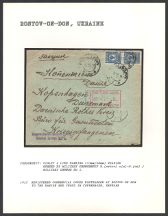 1915 Registered Commercial Cover postmarked at Rostov-On-Don to the Danish Red Cross in Copenhagen, Denmark. ROSTOV-ON-DON Censorship: violet 2 line marking (53 mm/40 mm) reading