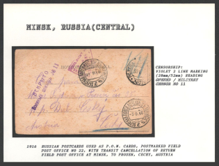 1916 Russian Postcards used as P.O.W. Cards, postmarked Field Post Office No. 22, with Transit Cancellation of Return Field Post Office at Minsk, to Prosen, Cechy, Austria. MINSK Censorship: violet 2 line marking (28 mm/ 52 mm) reading