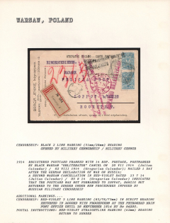 "1914 Registered Postcard franked with 14 Kop. Postage, postmarked by Black Warsaw ""Obliterator"" Cancel on 20.VII.1914 (Julian Calendar) / 02.VIII.1914 (Gregorian Calendar). WARSAW Censorship: black 2 line marking (51 mm/ 28 mm) reading"