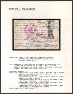1916 Unfranked Picture Postcard postmarked Elisavetgrad, to a Prisoner of War at the P.O.W.Camp in Halle Salle, Germany. redirected to Mainz, Germany and then to Weilburg, Germany. TIFLIS Censorship:violet 2 line marking (57 mm/55 mm) reading