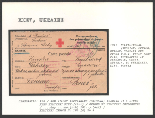 1917 Multilingual (Russian, French, German, Slovak) Red Cross P.O.W. Reply Postcard, postmarked at Sebranice, Cechy, Austria, to Cherkassy, Kiev, Russia. KIEV Censorship: red/red-violet rectangles (53x 36 mm) reading in 4 lines