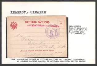 1914 Commercial Usage of Picture Postcard (of Kharkov) postmarked by Kharkov Machine Cancel, to Chicago, Illinois, United States. KHARKOV Censorship: violet rectangle (15 x 9 mm) reading