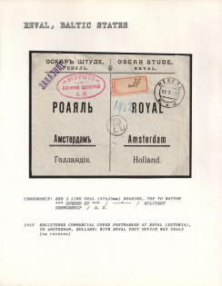 1915 Registered Commercial Cover postmarked at Reval (Estonia), to Amsterdam, Holland. with Reval Post Office Wax Seals (on Reverse). REVAL Censorship: red 2 line oval (47 x 25mm) reading,top to bottom