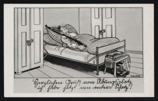 1936-1944 'Greetings from the training ground' Military Caricature Propaganda Postcard, Third Reich Nazi Germany, 4th printing