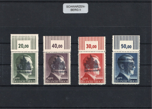 1945 SCHWARZENBERG II Local Issue 1RM - 5RM, Germany, Overprint on Hitler's head (Mi. 20 II - 23 II, 5RM - INVERTED Overprint, Margins, Plate Numbers, MNH)