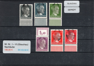 1945 GLAUCHAU Local Issue 1pf - 12pf, Germany, Overprint on Hitler's head (Mi. I - VI, Full Set, Margins, Signed, CV $230, MNH)