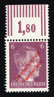 1945 MEISSEN Local Issue 6pf, Germany, Overprint on Hitler's head (Mi. 30, Orange-Red Overprint, Margin, Plate Number, Signed, CV $1,690, MNH)