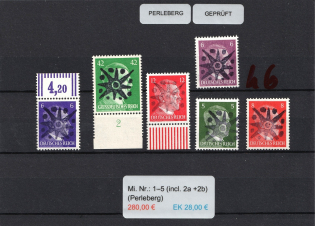 1945 PERLEBERG Local Issue 5pf - 42pf, Germany, Overprint on Hitler's head (Mi. 1, 2a, 2b, 3 - 5, Full Set, Signed, CV $360, MNH)
