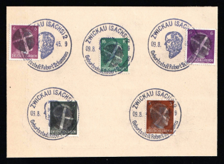 1945 ZWICKAU 2 Local Issue 1pf - 16pf on piece, Germany, Overprint on Hitler's head (ZWICKAU Postmarks)