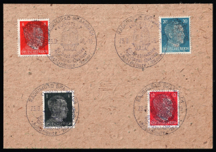 1945 RADIUMBAD BRAMBACH Local Issue 1pf - 20pf on piece, Germany, Overprint on Hitler's head (Commemorative Cancellation)
