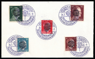 1945 DREBACH Local Issue 12pf - 60pf on piece, Germany, Overprint on Hitler's head (Commemorative Cancellation)