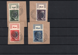 1945 HALSBRUCKE Local Issue 1RM - 5RM on pieces, Germany, Overprint on Hitler's head (Margins, Plate Numbers)