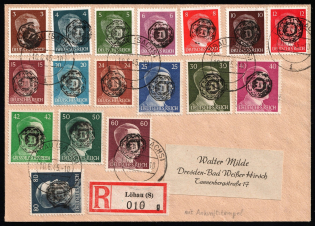 1945 (10 Jun) LOBAU Local Issue 3pf - 80pf on pieces, Germany, Overprint on Hitler's head, Registered Cover from Lobau to Bad Weisser