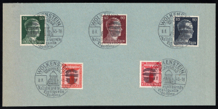 1945 WOLKENSTEIN Local Issue 8pf - 80pf on piece, Germany, Overprint on Hitler's head (Commemorative Cancellation)